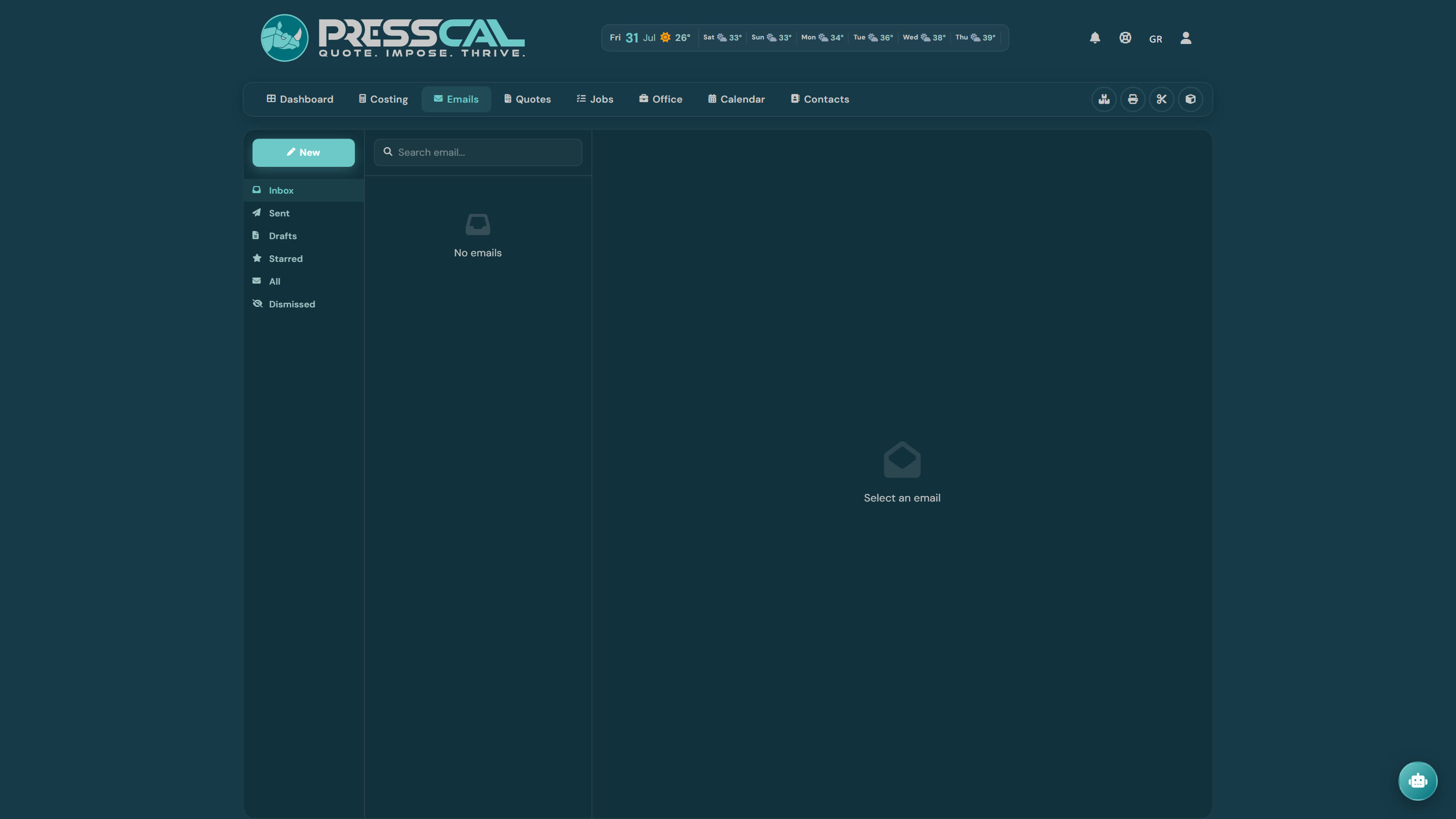 Emails page