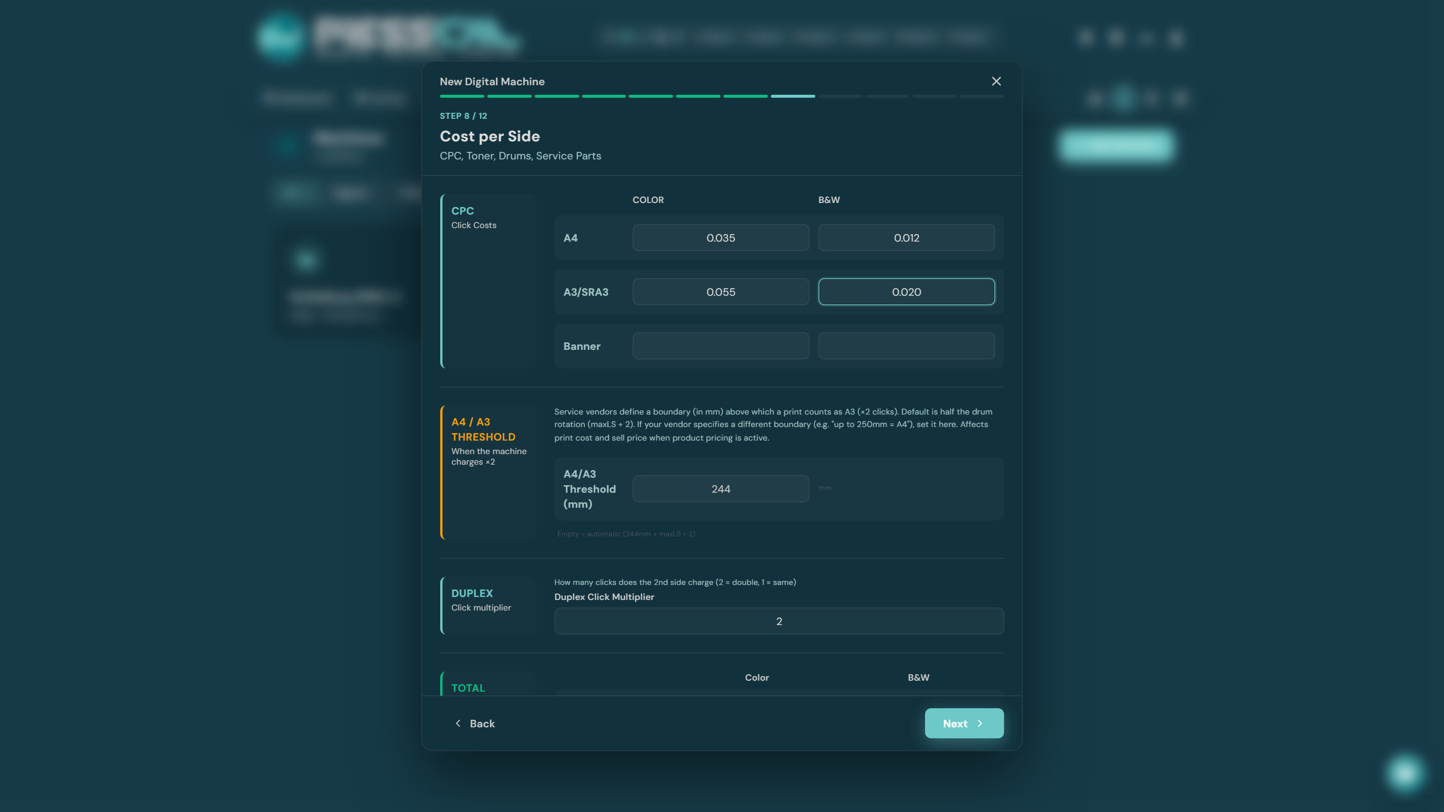 Click prices, A4/A3 threshold and duplex